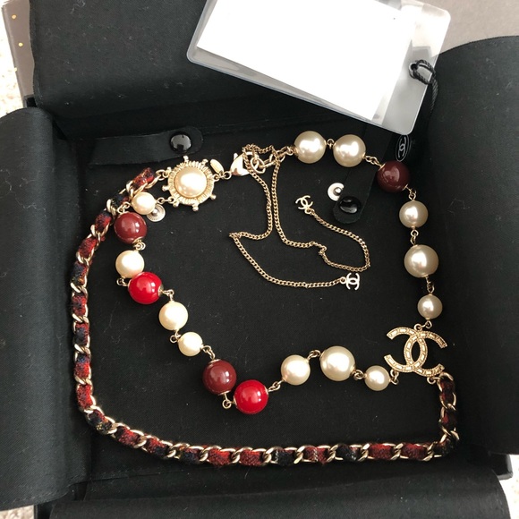 Auth Chanel necklace with pearls red beads and tweed - Picture 3 of 13